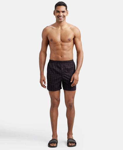 Super Combed Mercerized Cotton Woven Checkered Inner Boxers with Ultrasoft and Durable Inner Waistband - Black & Mauve Wine (Pack of 2)