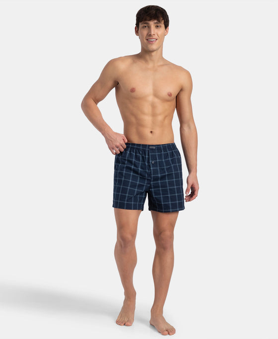 Super Combed Mercerized Cotton Woven Checkered Inner Boxers with Ultrasoft and Durable Inner Waistband - Navy & Pewter (Pack of 2)