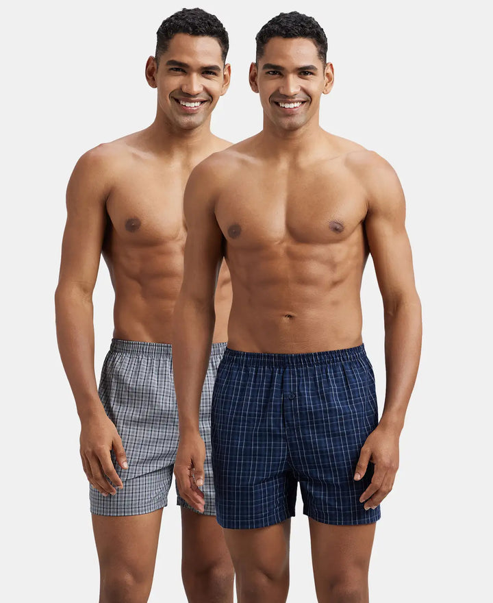 Super Combed Mercerized Cotton Woven Checkered Inner Boxers with Ultrasoft and Durable Inner Waistband - Grey & Navy (Pack of 2)