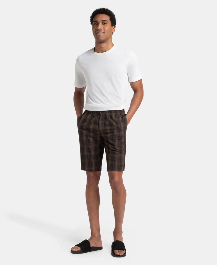 Super Combed Mercerized Cotton Woven Fabric Regular Fit Checkered Bermuda with Side Pockets - Olive Black