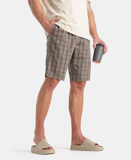 Super Combed Mercerized Cotton Woven Fabric Regular Fit Checkered Bermuda with Side Pockets - New Black Olive