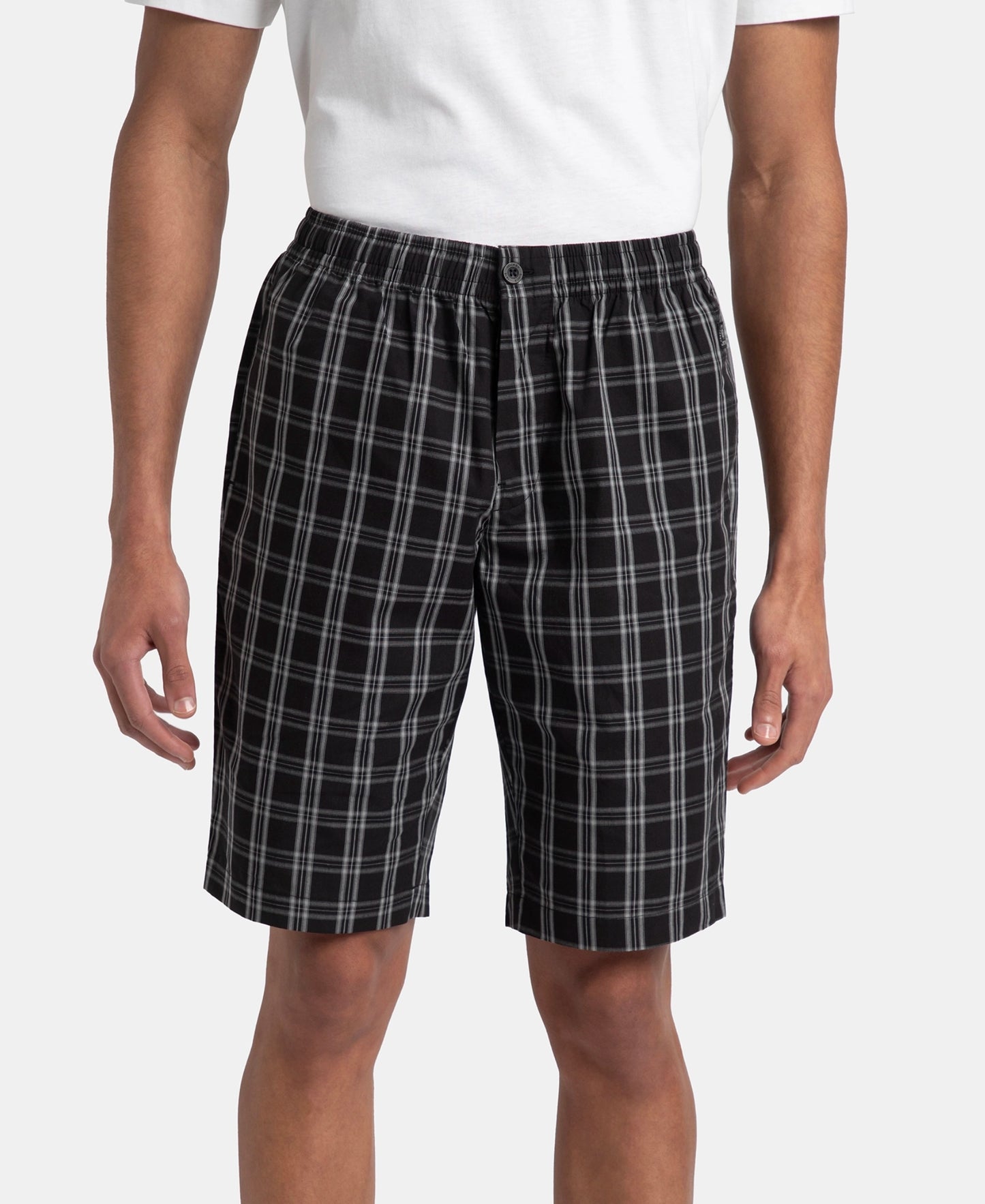 Super Combed Mercerized Cotton Woven Fabric Regular Fit Checkered Bermuda with Side Pockets - Black & White