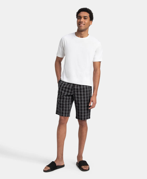 Super Combed Mercerized Cotton Woven Fabric Regular Fit Checkered Bermuda with Side Pockets - Black & White
