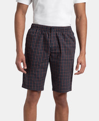 Super Combed Mercerized Cotton Woven Fabric Regular Fit Checkered Bermuda with Side Pockets - Navy & Maroon