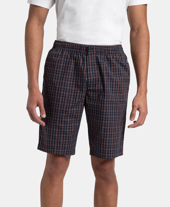 Super Combed Mercerized Cotton Woven Fabric Regular Fit Checkered Bermuda with Side Pockets - Navy & Maroon