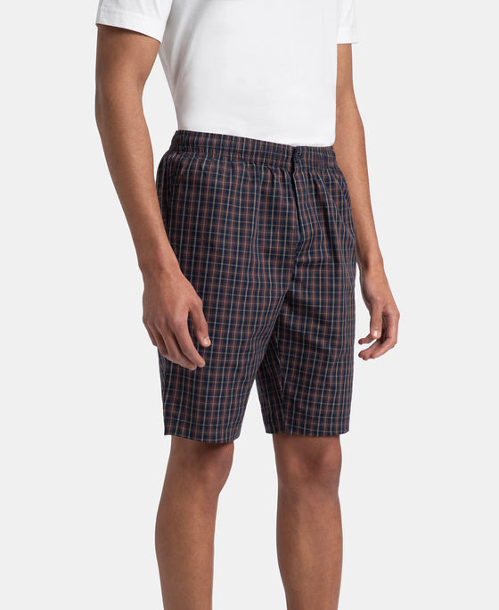 Super Combed Mercerized Cotton Woven Fabric Regular Fit Checkered Bermuda with Side Pockets - Navy & Maroon