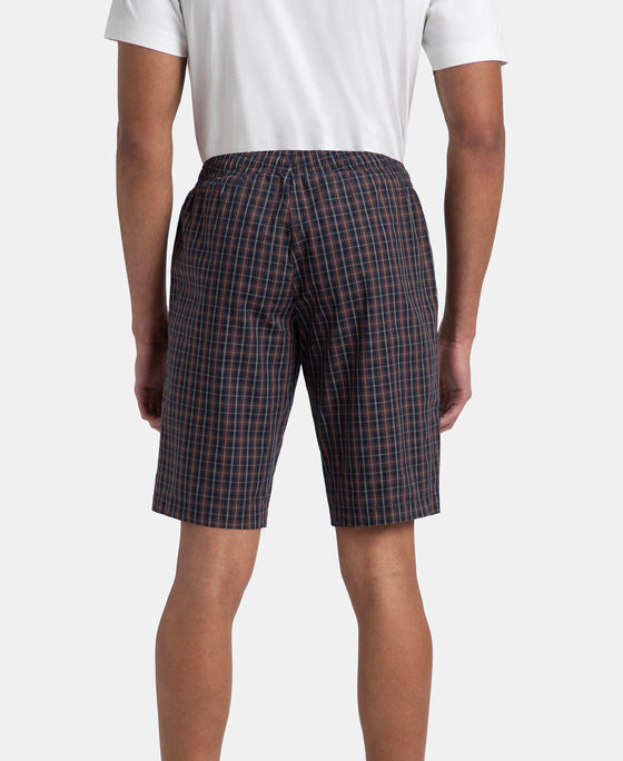 Super Combed Mercerized Cotton Woven Fabric Regular Fit Checkered Bermuda with Side Pockets - Navy & Maroon