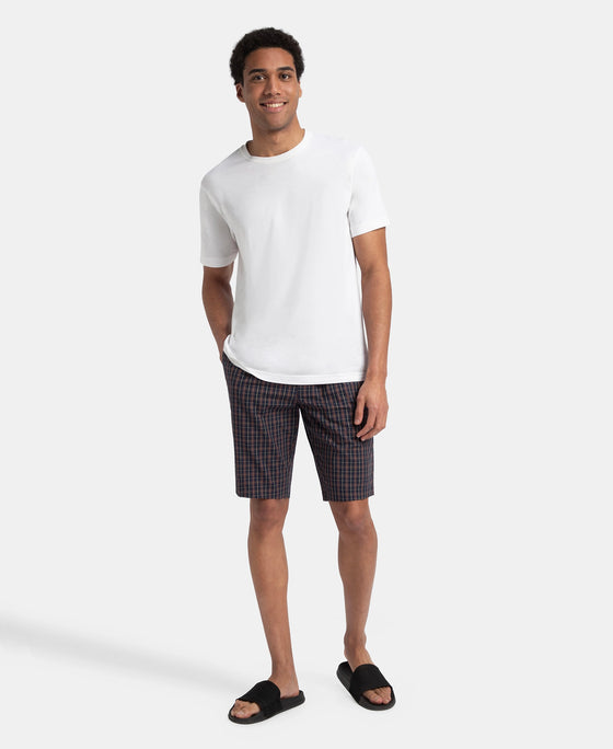 Super Combed Mercerized Cotton Woven Fabric Regular Fit Checkered Bermuda with Side Pockets - Navy & Maroon