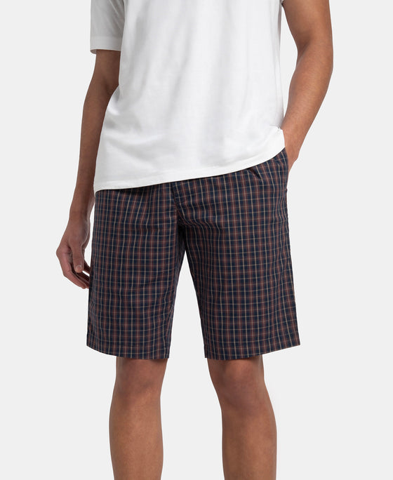 Super Combed Mercerized Cotton Woven Fabric Regular Fit Checkered Bermuda with Side Pockets - Navy & Maroon