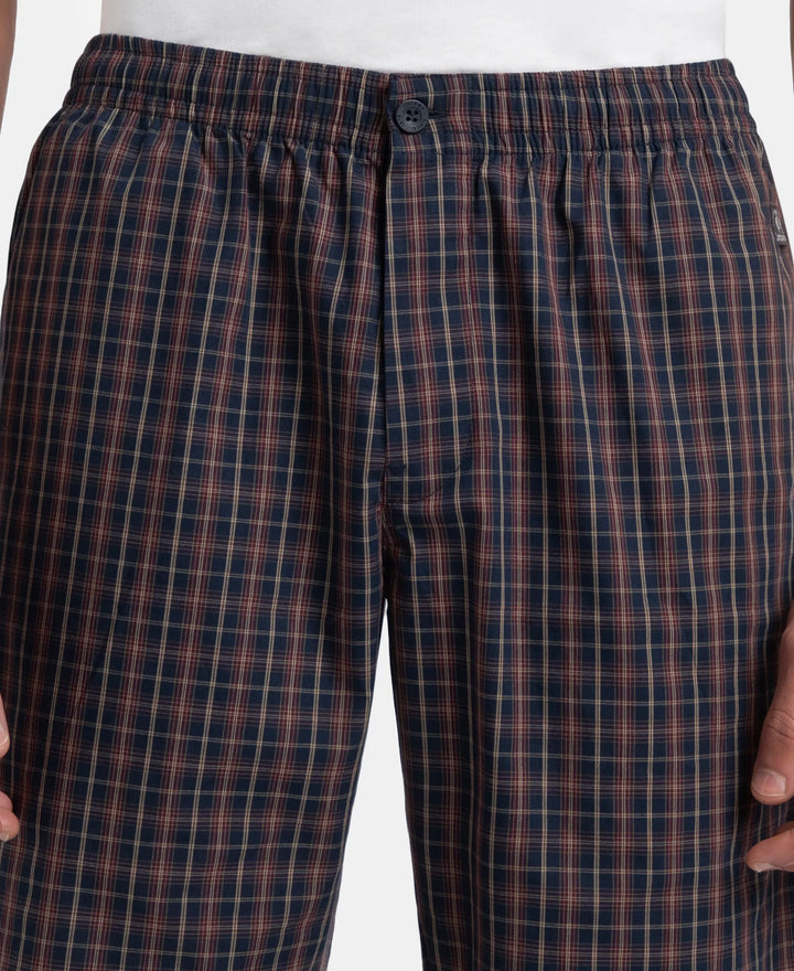 Super Combed Mercerized Cotton Woven Fabric Regular Fit Checkered Bermuda with Side Pockets - Navy & Maroon