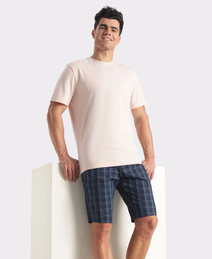 Super Combed Mercerized Cotton Woven Fabric Regular Fit Checkered Bermuda with Side Pockets - New Navy