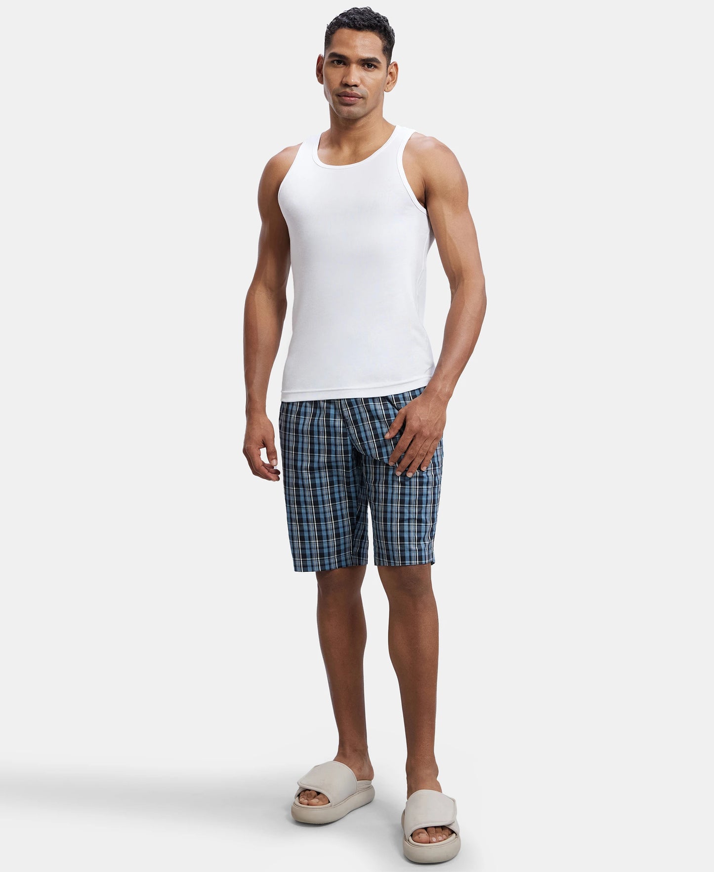 Super Combed Mercerized Cotton Woven Fabric Regular Fit Printed Bermuda with Side Pockets - Navy1
