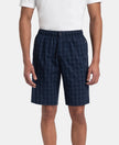 Super Combed Mercerized Cotton Woven Fabric Regular Fit Checkered Bermuda with Side Pockets - Navy & Grey