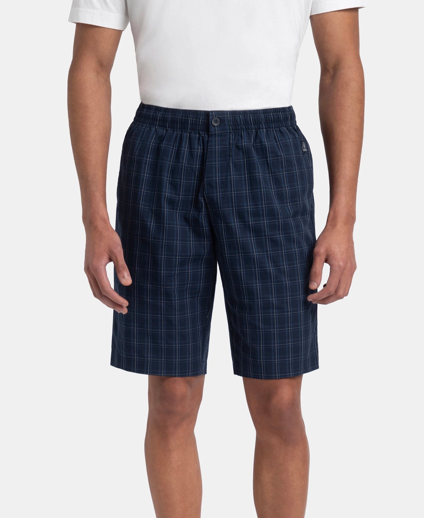 Super Combed Mercerized Cotton Woven Fabric Regular Fit Checkered Bermuda with Side Pockets - Navy & Grey