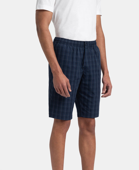 Super Combed Mercerized Cotton Woven Fabric Regular Fit Checkered Bermuda with Side Pockets - Navy & Grey