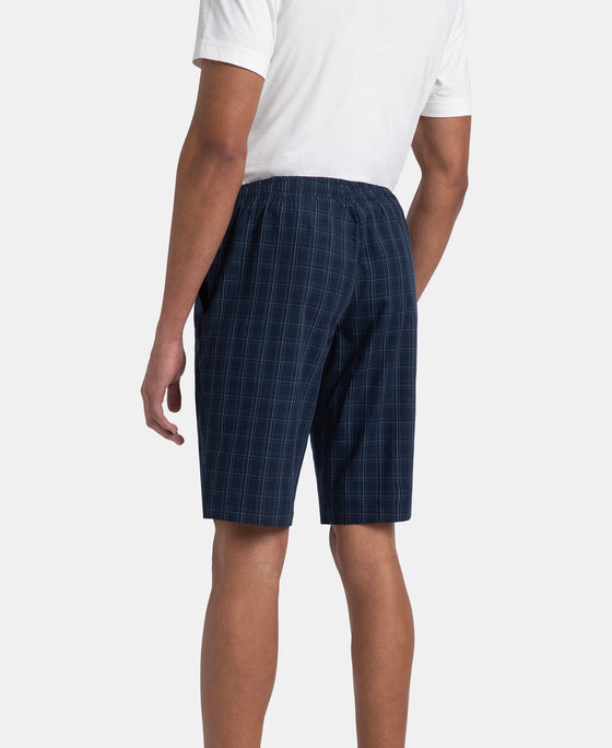 Super Combed Mercerized Cotton Woven Fabric Regular Fit Checkered Bermuda with Side Pockets - Navy & Grey