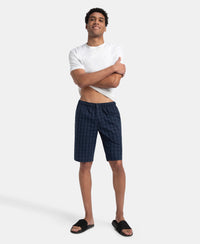 Super Combed Mercerized Cotton Woven Fabric Regular Fit Checkered Bermuda with Side Pockets - Navy & Grey