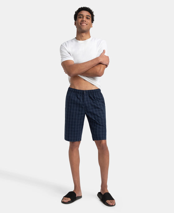 Super Combed Mercerized Cotton Woven Fabric Regular Fit Checkered Bermuda with Side Pockets - Navy & Grey