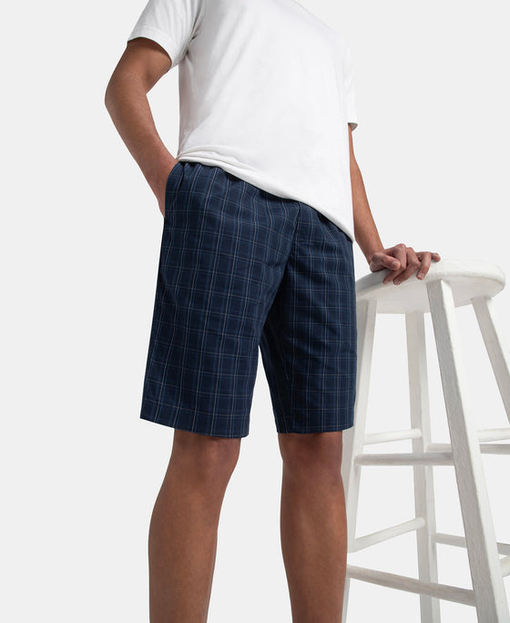 Super Combed Mercerized Cotton Woven Fabric Regular Fit Checkered Bermuda with Side Pockets - Navy & Grey