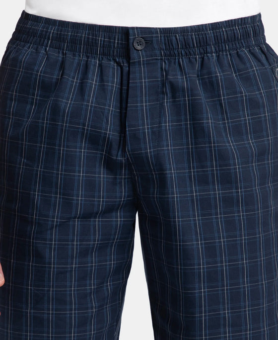 Super Combed Mercerized Cotton Woven Fabric Regular Fit Checkered Bermuda with Side Pockets - Navy & Grey