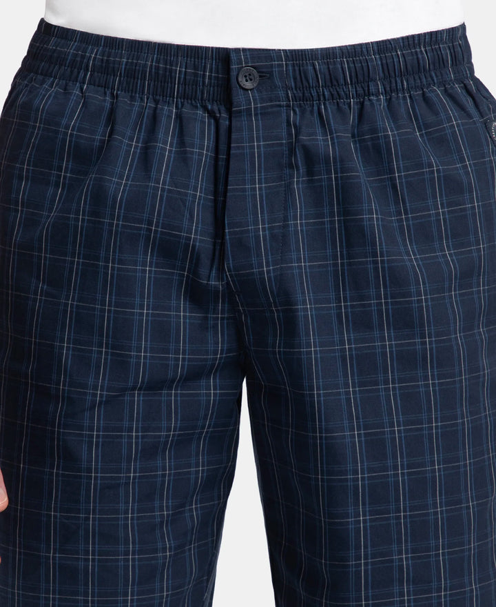 Super Combed Mercerized Cotton Woven Fabric Regular Fit Checkered Bermuda with Side Pockets - Navy & Grey