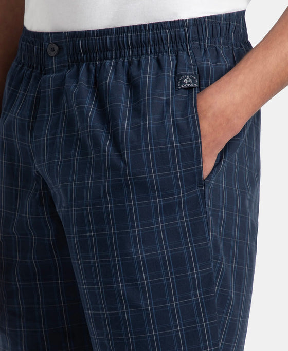 Super Combed Mercerized Cotton Woven Fabric Regular Fit Checkered Bermuda with Side Pockets - Navy & Grey