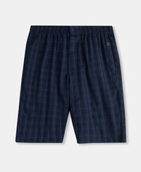 Super Combed Mercerized Cotton Woven Fabric Regular Fit Checkered Bermuda with Side Pockets - Navy & Grey