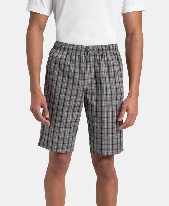 Super Combed Mercerized Cotton Woven Fabric Regular Fit Checkered Bermuda with Side Pockets - Quiet Shade & Black