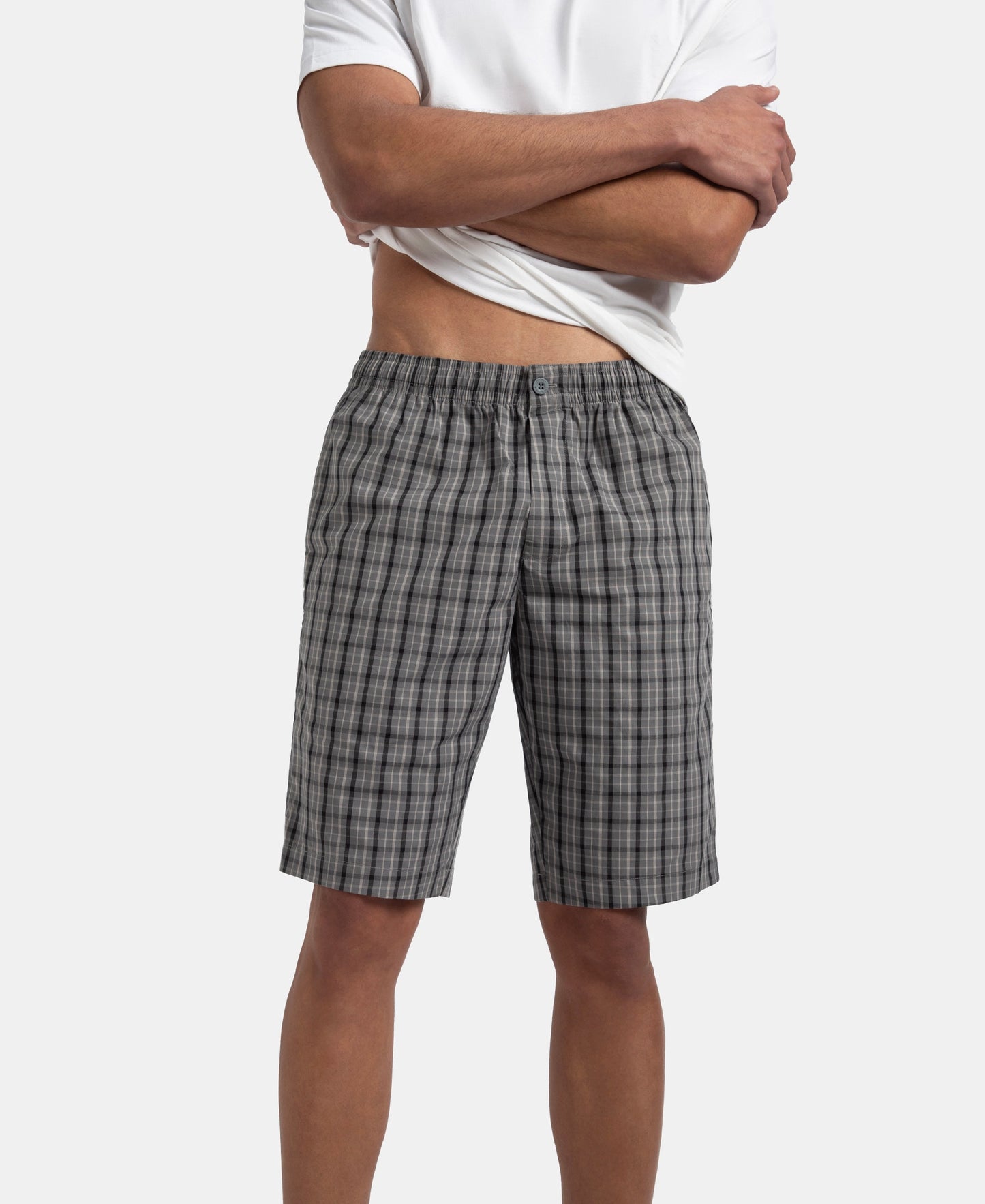 Super Combed Mercerized Cotton Woven Fabric Regular Fit Checkered Bermuda with Side Pockets - Quiet Shade & Black