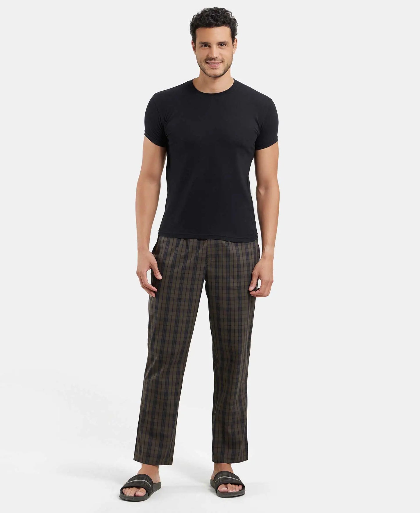 Super Combed Cotton Woven Fabric Regular Fit Checkered Pyjama with Side Pockets - Black Olive-4