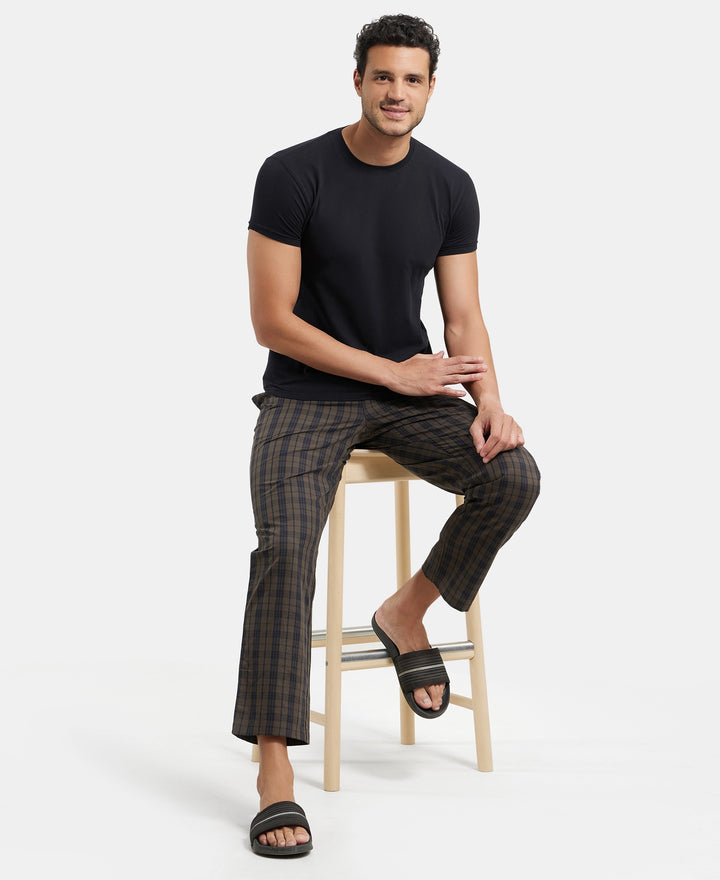 Super Combed Cotton Woven Fabric Regular Fit Checkered Pyjama with Side Pockets - Black Olive