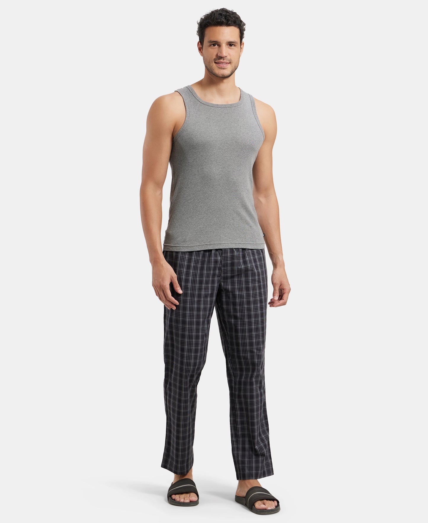 Super Combed Cotton Woven Fabric Regular Fit Checkered Pyjama with Side Pockets - Black