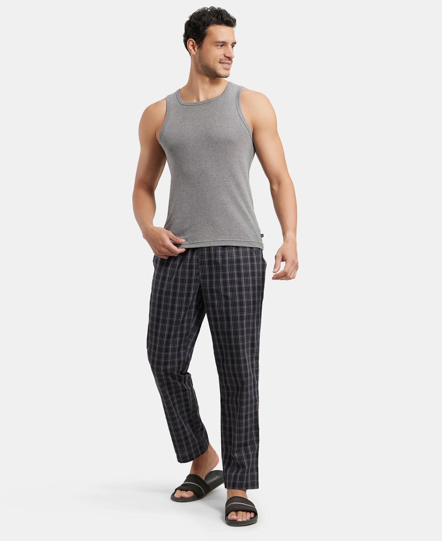 Super Combed Cotton Woven Fabric Regular Fit Checkered Pyjama with Side Pockets - Black