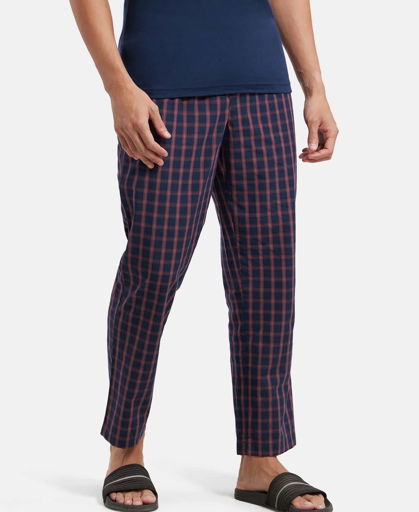 Super Combed Cotton Woven Fabric Regular Fit Checkered Pyjama with Side Pockets - Navy