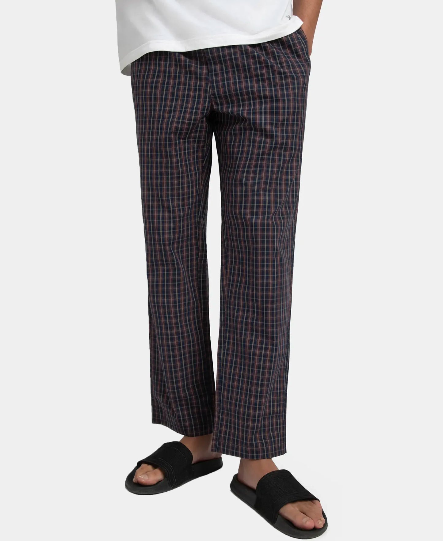 Super Combed Cotton Woven Fabric Regular Fit Checkered Pyjama with Side Pockets - Navy & Maroon