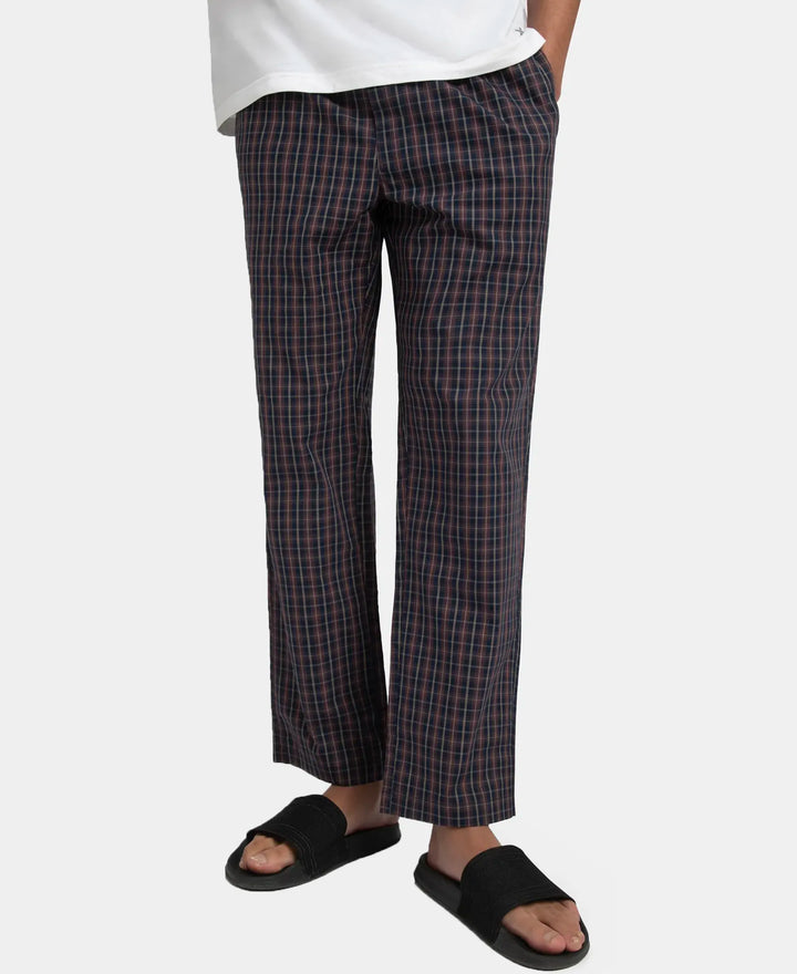 Super Combed Cotton Woven Fabric Regular Fit Checkered Pyjama with Side Pockets - Navy & Maroon