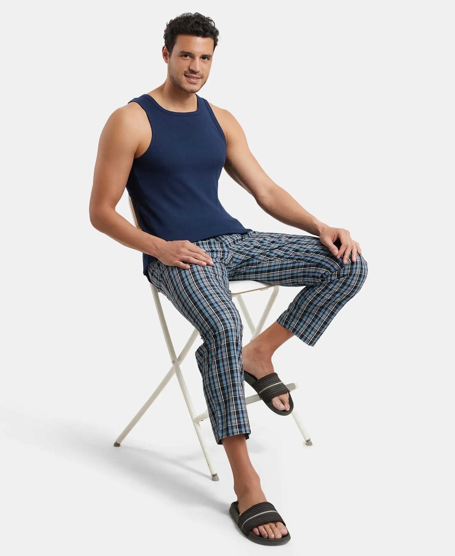 Super Combed Cotton Woven Fabric Regular Fit Checkered Pyjama with Side Pockets - Navy1-6