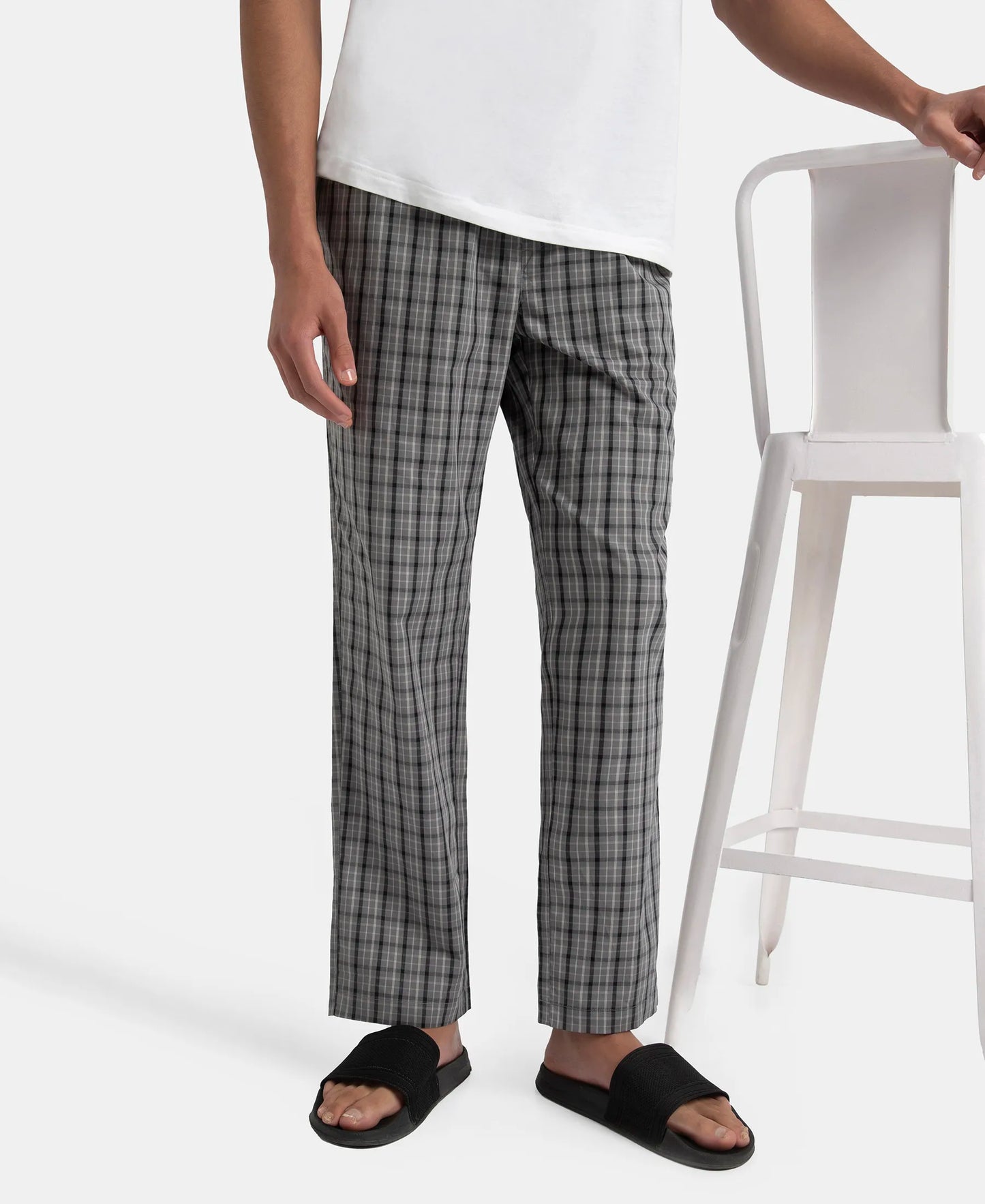 Super Combed Cotton Woven Fabric Regular Fit Checkered Pyjama with Side Pockets - Quiet Shade & Black