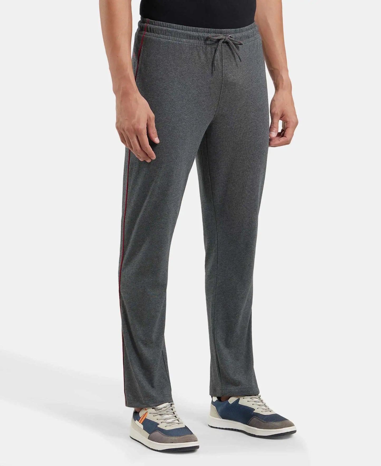 Super Combed Cotton Rich Regular Fit Trackpant with Side Pockets - Charcoal Melange & Shanghai Red-2