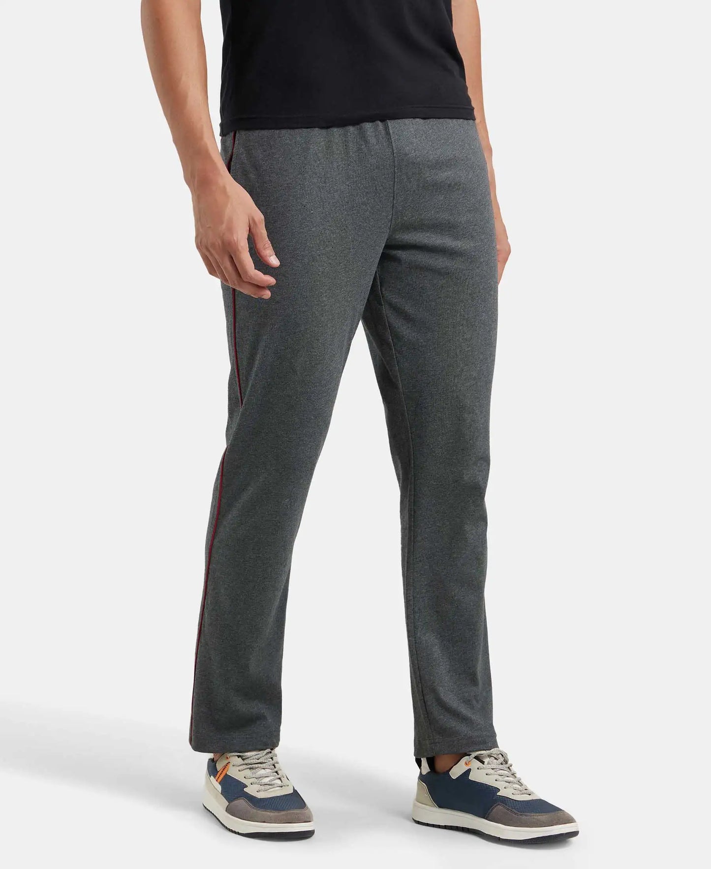 Super Combed Cotton Rich Regular Fit Trackpant with Side Pockets - Charcoal Melange & Shanghai Red-5