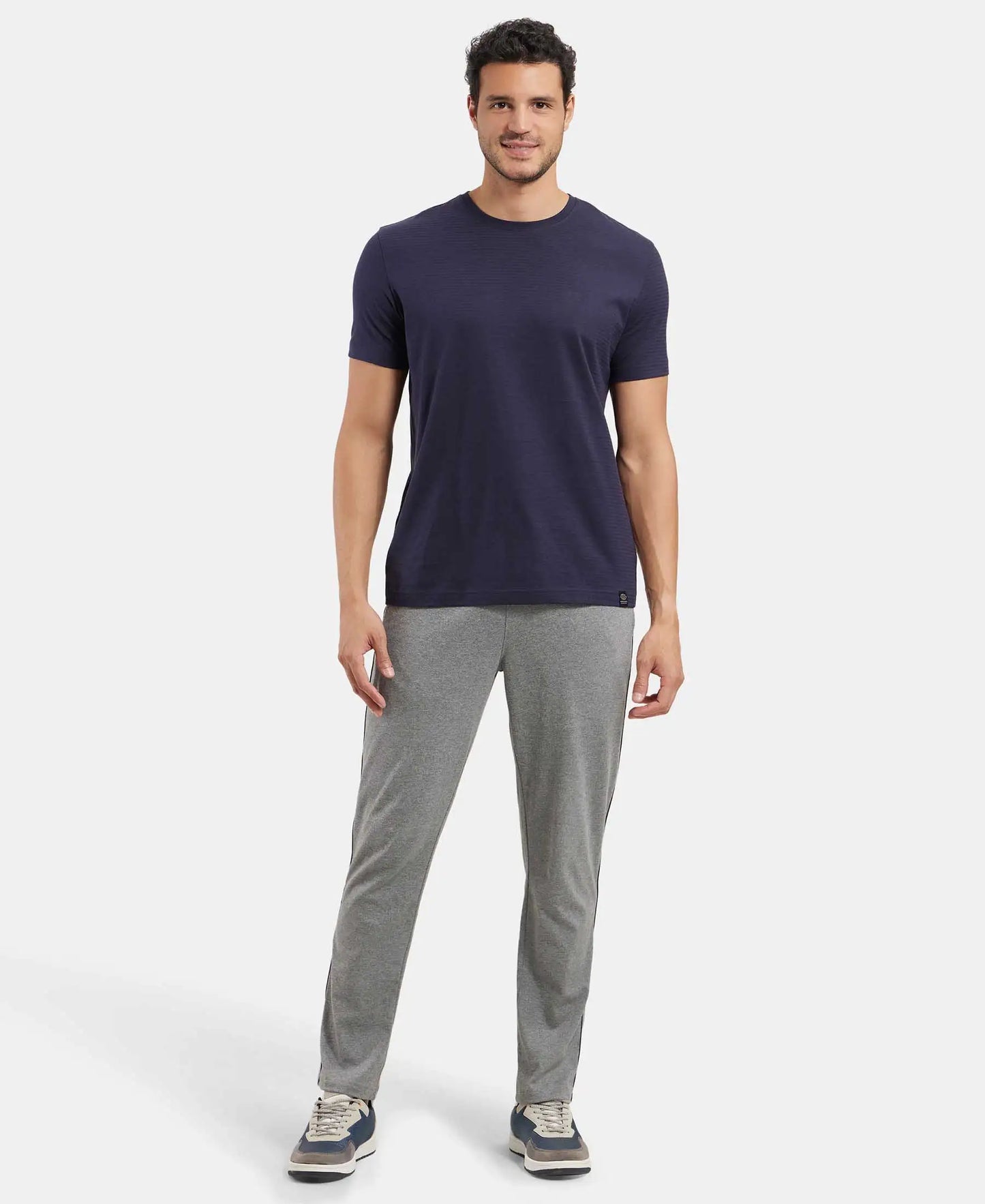 Super Combed Cotton Rich Regular Fit Trackpant with Side Pockets - Grey Melange & Navy-4