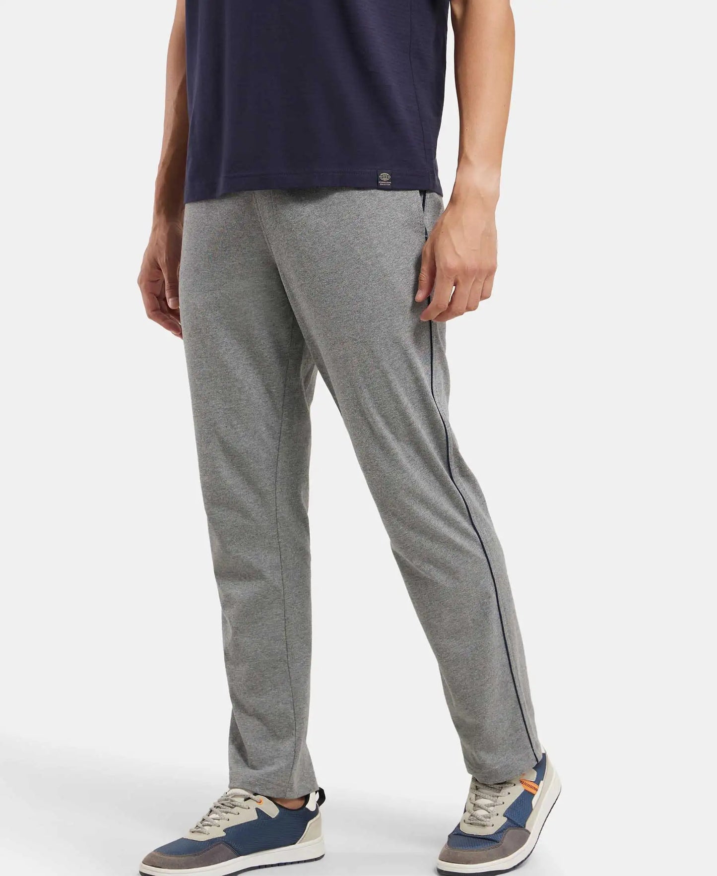 Super Combed Cotton Rich Regular Fit Trackpant with Side Pockets - Grey Melange & Navy-5
