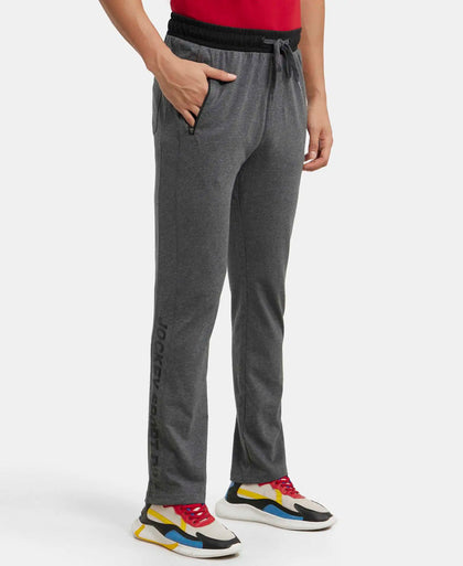 Super Combed Cotton Rich Slim Fit Trackpant with Side Zipper Pockets - Charcoal Melange & Black-2