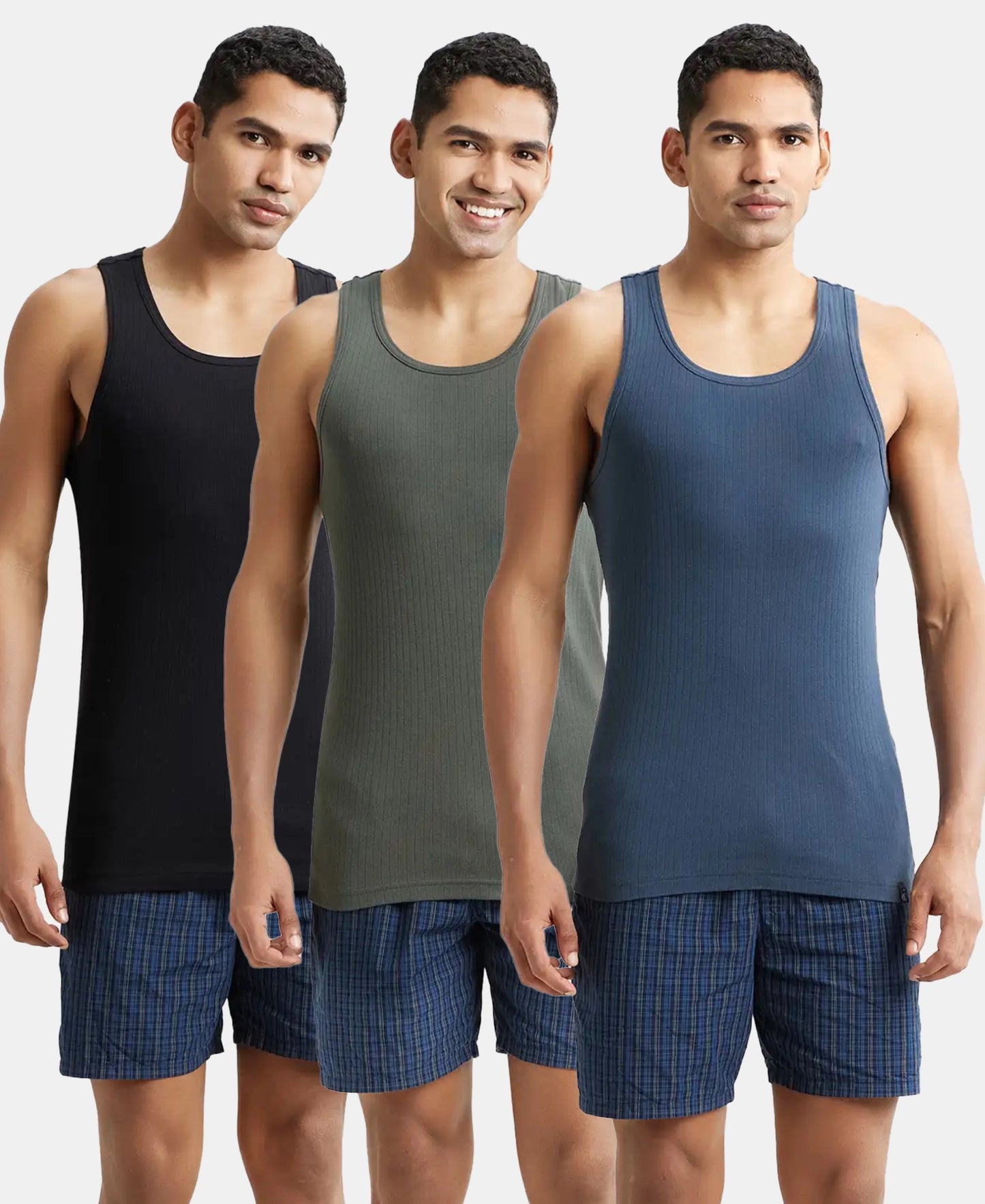 Pack of 3 Super Combed Cotton Rib Round Neck with Racerback Gym Vest - Deep Olive, Black & Graphite