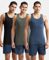 Pack of 3 Super Combed Cotton Rib Round Neck with Racerback Gym Vest - Deep Olive, Black & Graphite