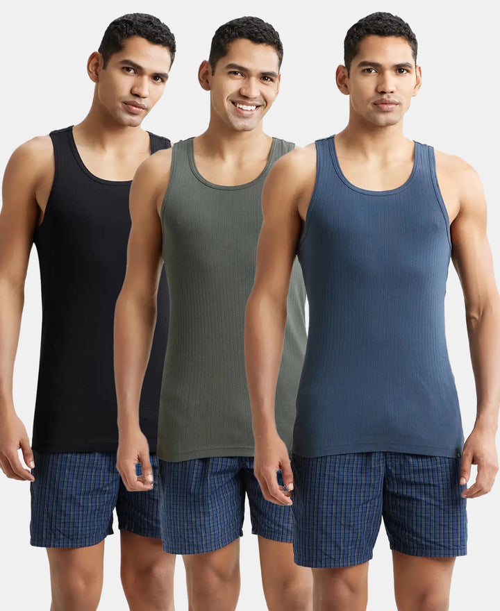 Pack of 3 Super Combed Cotton Rib Round Neck with Racerback Gym Vest - Deep Olive, Black & Graphite