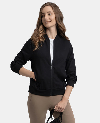 Super Combed Cotton French Terry Drop Shoulder Styled Jacket with Ribbed Cuff and Hem - Black