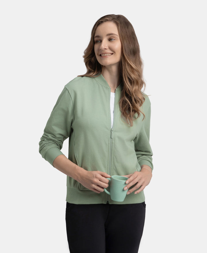 Super Combed Cotton French Terry Drop Shoulder Styled Jacket with Ribbed Cuff and Hem - Iceberg Green