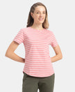 Super Combed Cotton Stripe Fabric Relaxed Fit Round Neck Half Sleeve T-Shirt with Curved Hem Styling - Brandied Apricot