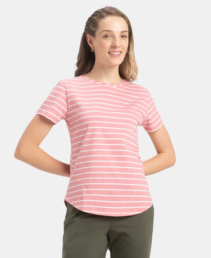 Super Combed Cotton Stripe Fabric Relaxed Fit Round Neck Half Sleeve T-Shirt with Curved Hem Styling - Brandied Apricot